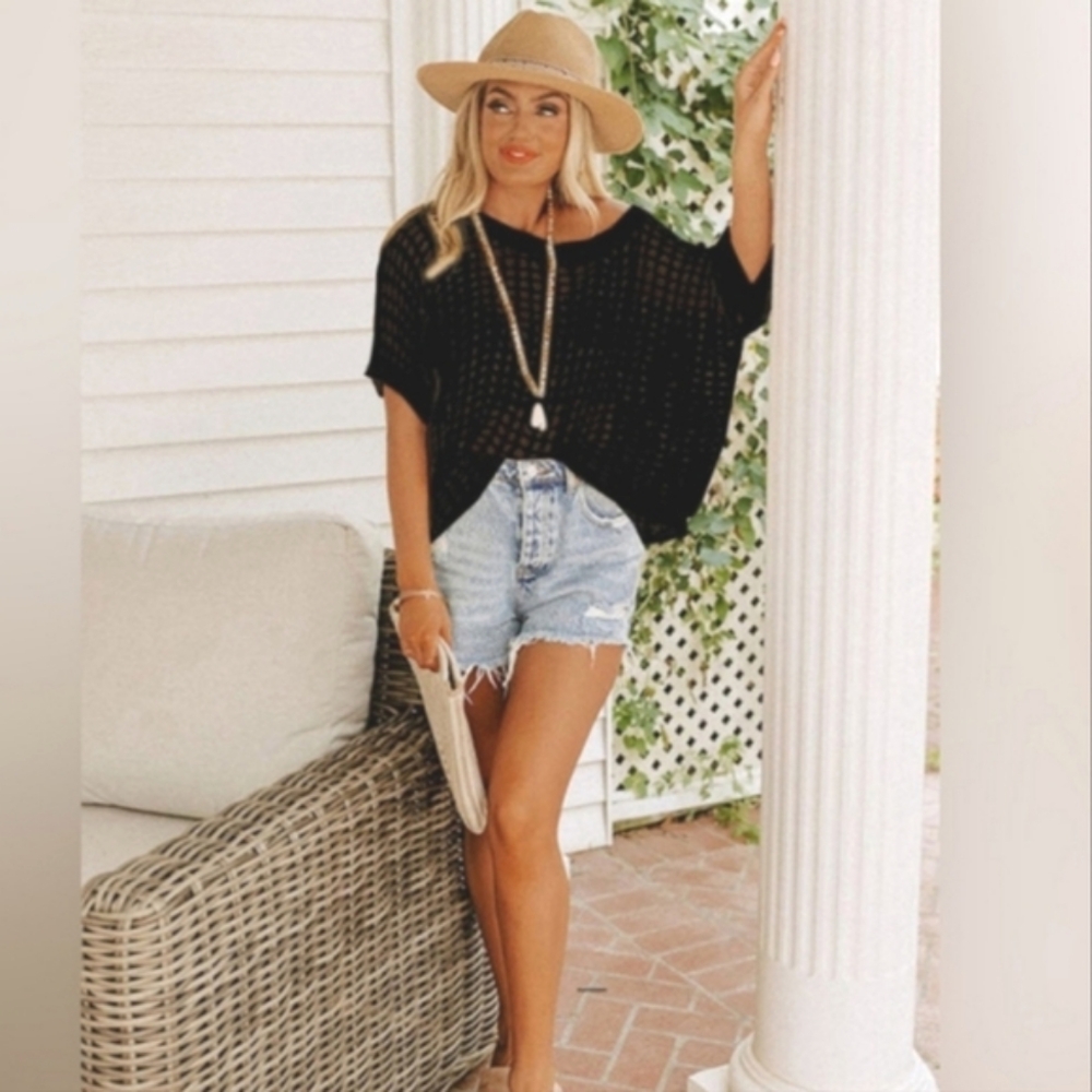 Crochet Open Weave Knit Eggshell Black Bohemian Top, Fishnet - Picture 2 of 12